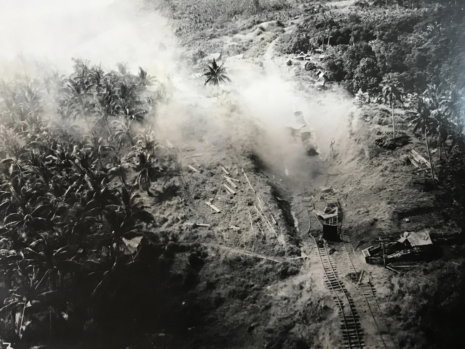 Bomb Strike on Narrow Rail Line and Structures in Coconut Palm Grove, Pacific Theater