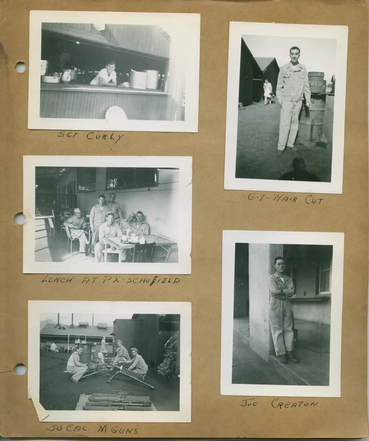 Soldier's Album Page: Mess Duty, Lunch at the PX, .50 Caliber Machine Guns, and Portraits, Hawaii, WWII