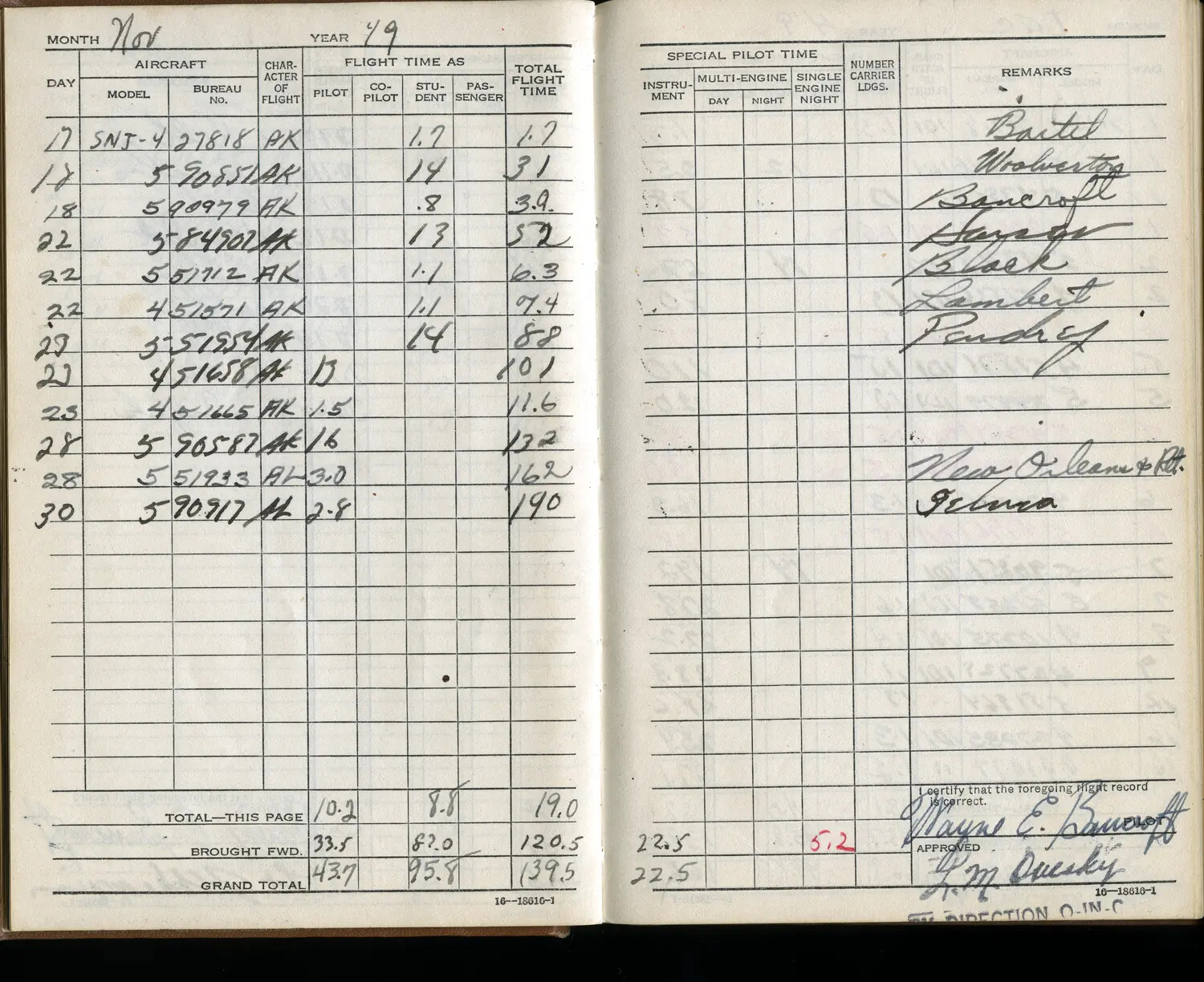 Naval Aviator's Flight Logbook Page, Wayne E. Bancroft Sr., November 1949