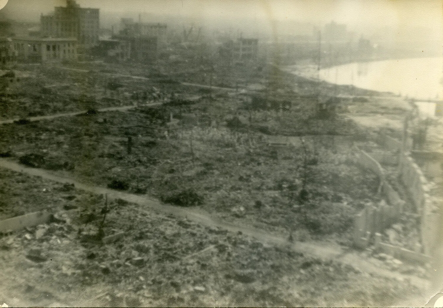 Panoramic View of Hiroshima Ruins Along Riverfront, Japan, Post-Atomic Bombing