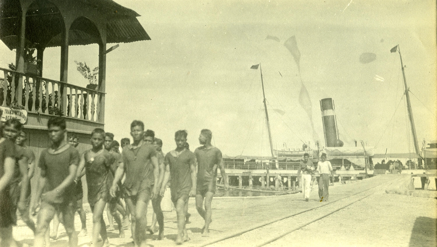 Filipino Laborers or Scouts at Dockside, Philippines, Early 1900s