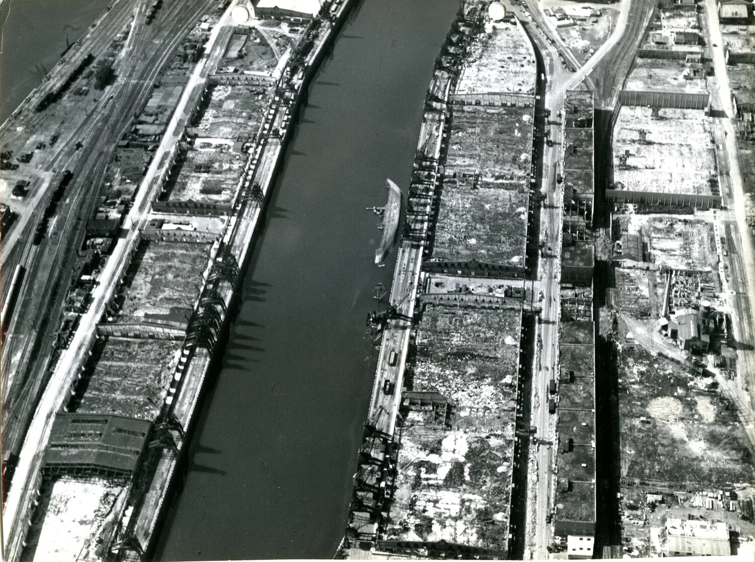 WWII Aerial Reconnaissance Photograph - Canal, Rail Yards, and Bomb-Damaged Industrial Lots, Bremen/Wesermünde Area, Germany