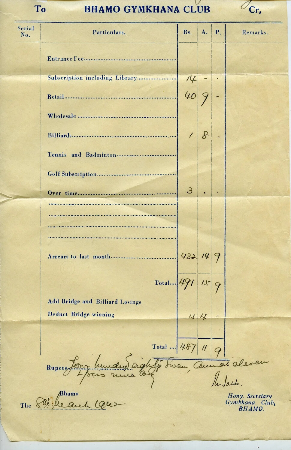 Bhamo Gymkhana Club Monthly Bill – Full View with Signature and Date Block, 8 March 1942