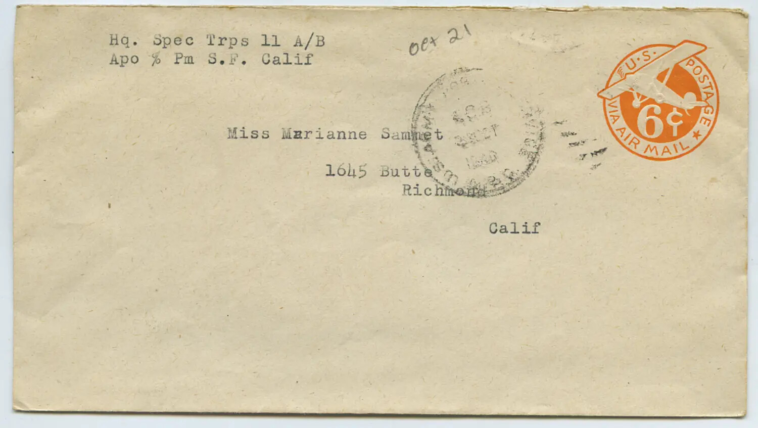 WWII Air Mail Cover, Hq. Special Troops, 11th Airborne Division to Marianne Sammet