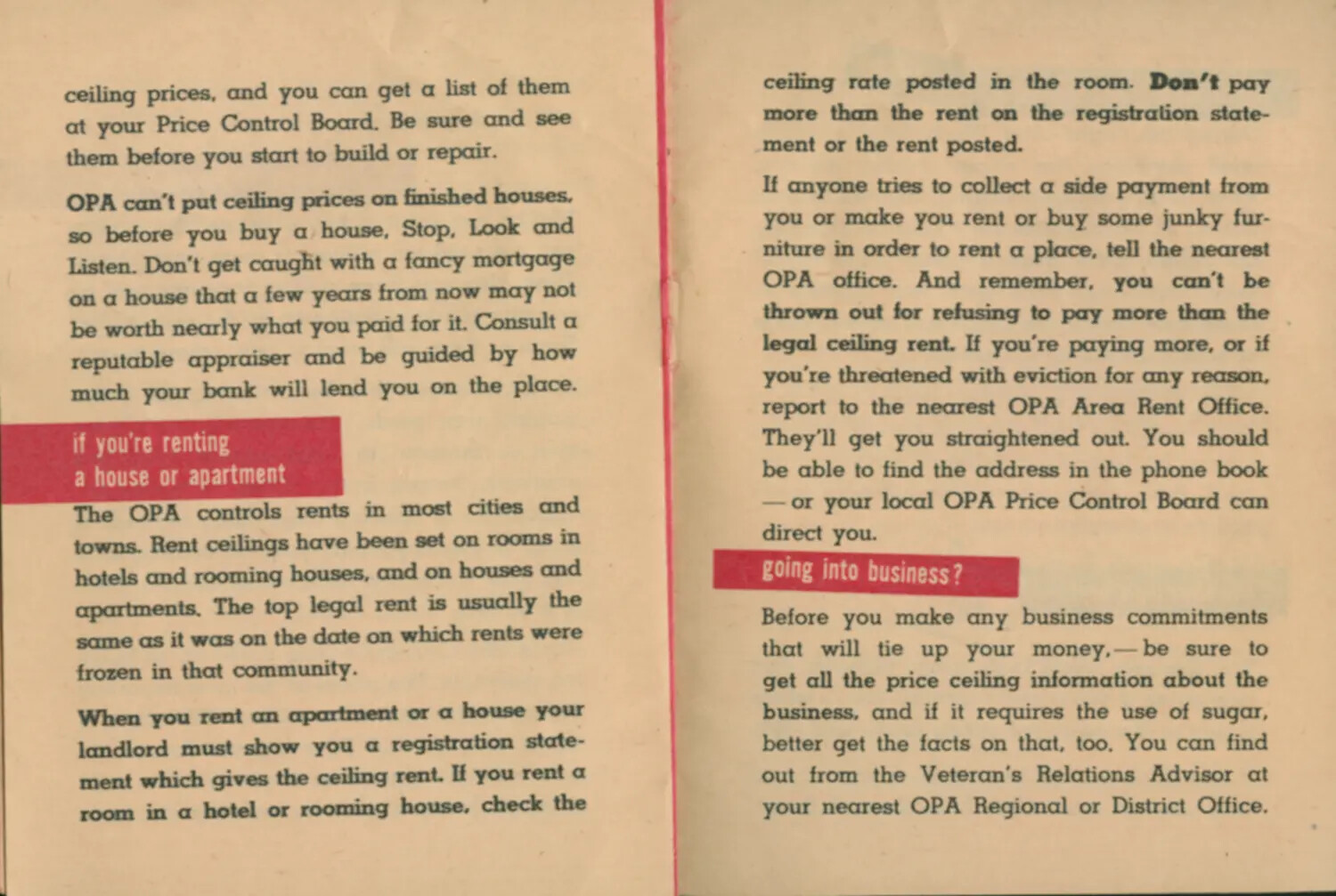 Rent Ceilings and Going Into Business Text Spread, WWII Veteran Guide Booklet