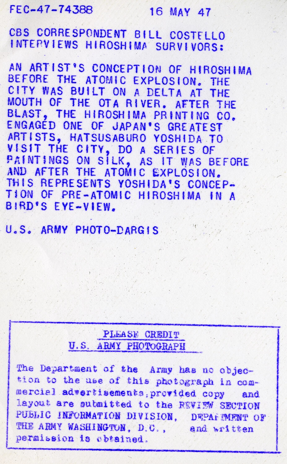 U.S. Army Press Photo Caption (Verso): Artist's Conception of Pre-Atomic Hiroshima, 1947