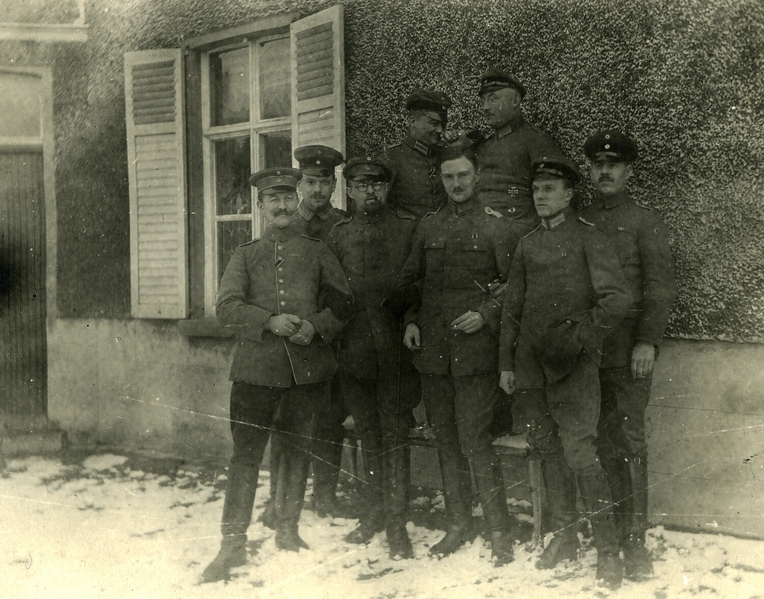 Group Portrait of German Soldiers Outside Farmhouse Billet, World War I