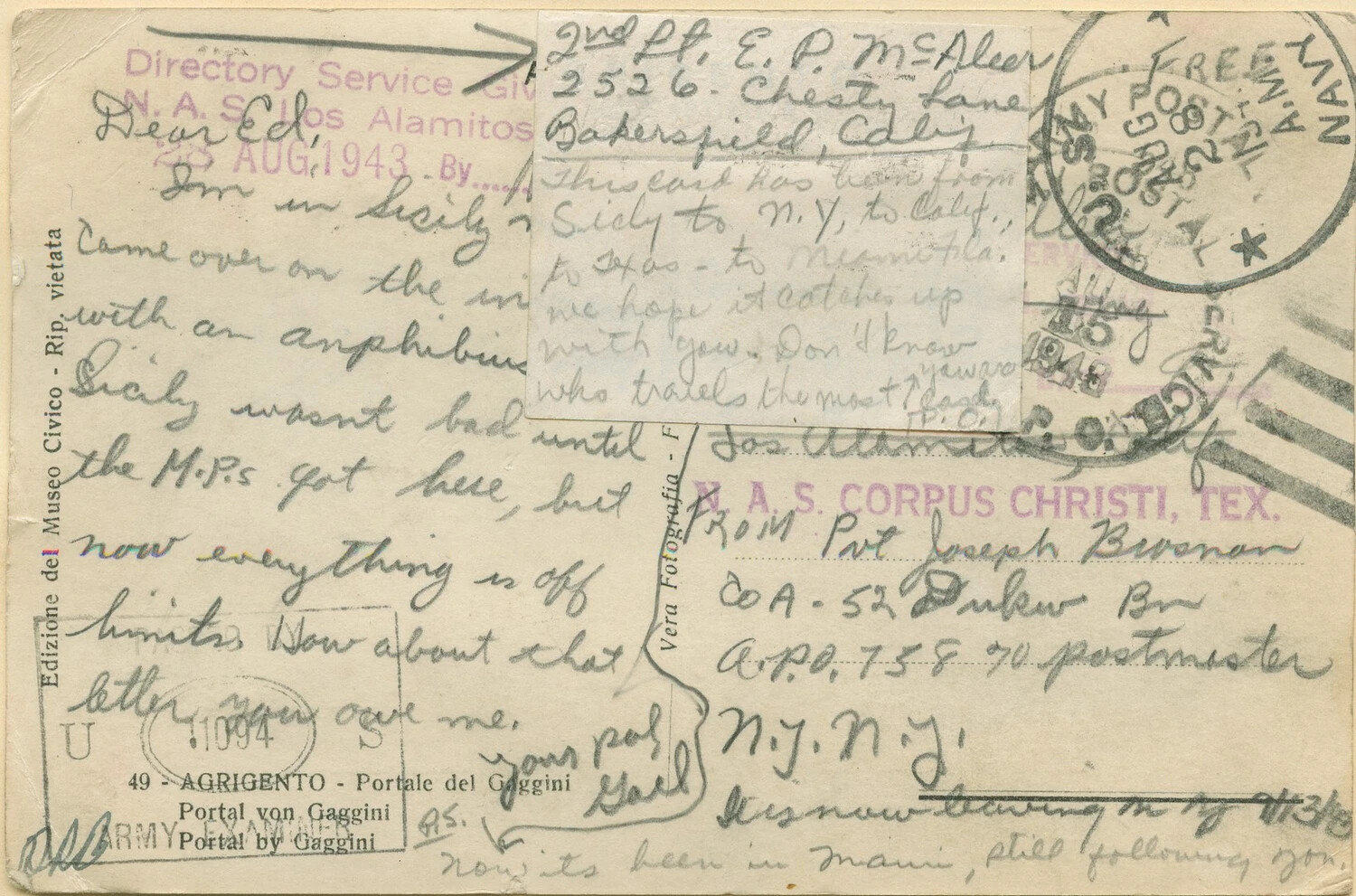 WWII Soldier's Correspondence Postcard from the Sicily Campaign, Multiply Forwarded — McAleer Documents Collection