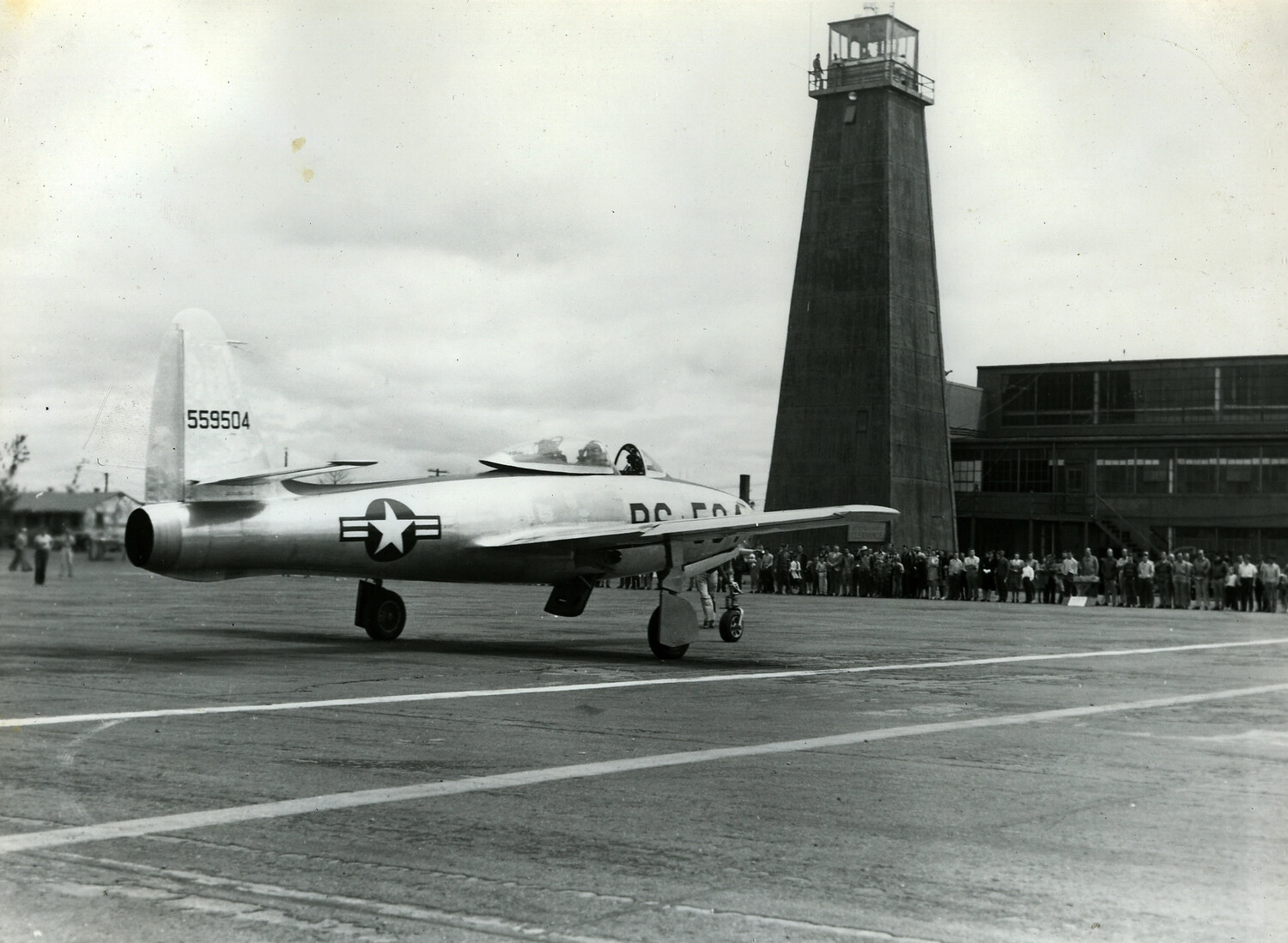 USAF Jet Aircraft on Flight Line with Spectators, Japan, 1950s