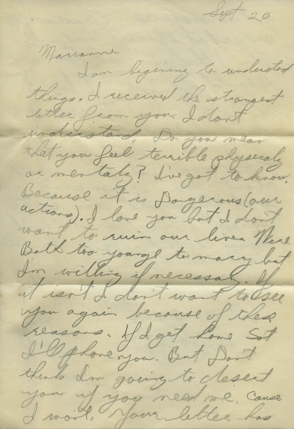 Handwritten Personal Letter to 'Marianne,' dated Sept 20 - Moon/Sammiet Correspondence Collection