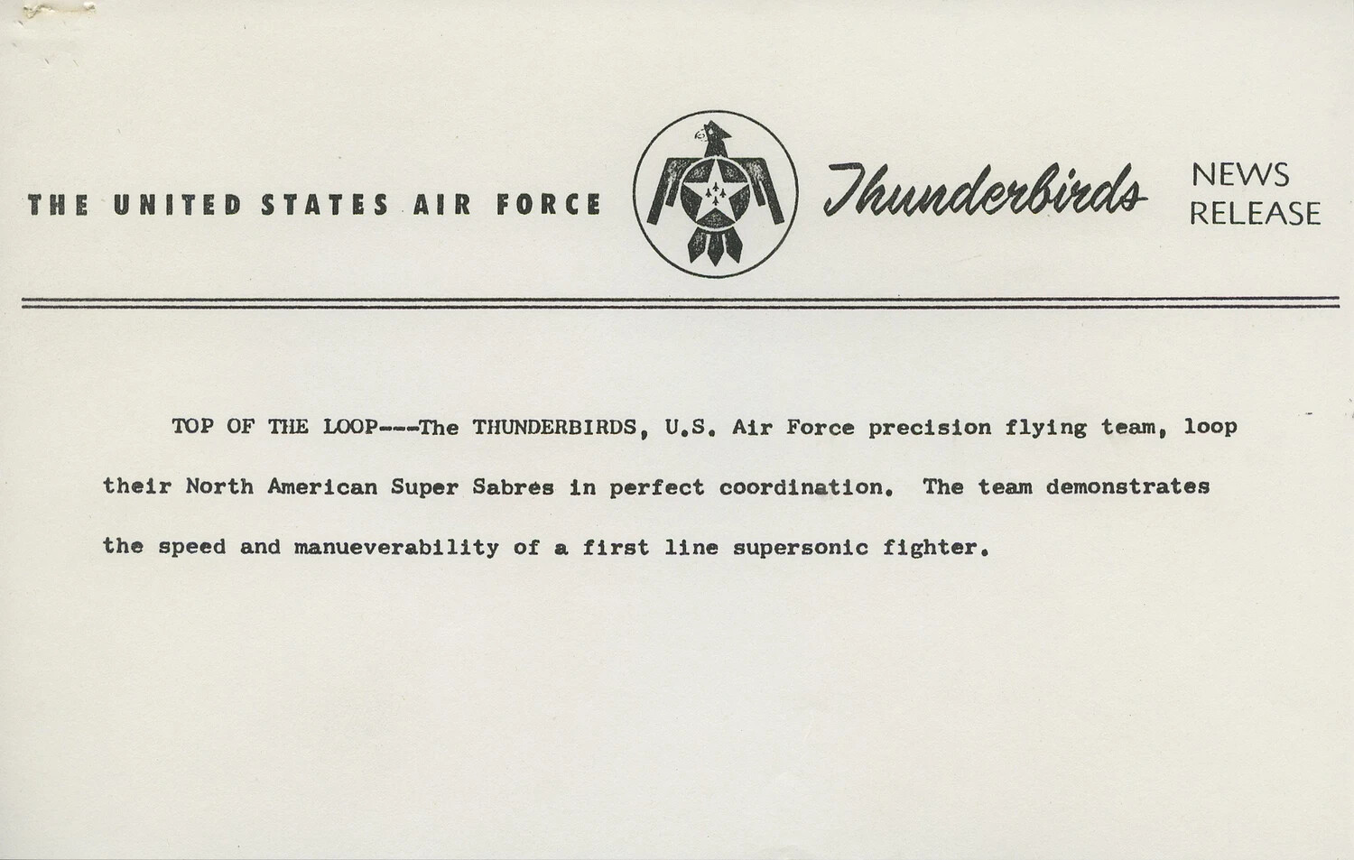 USAF Thunderbirds Official News Release Caption Sheet - 'Top of the Loop'