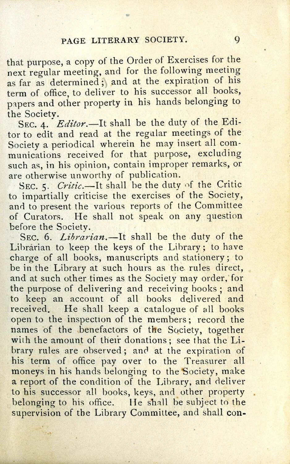 Page Literary Society Rule Book, Page 9 — Officer Duties (Editor, Critic, Librarian)