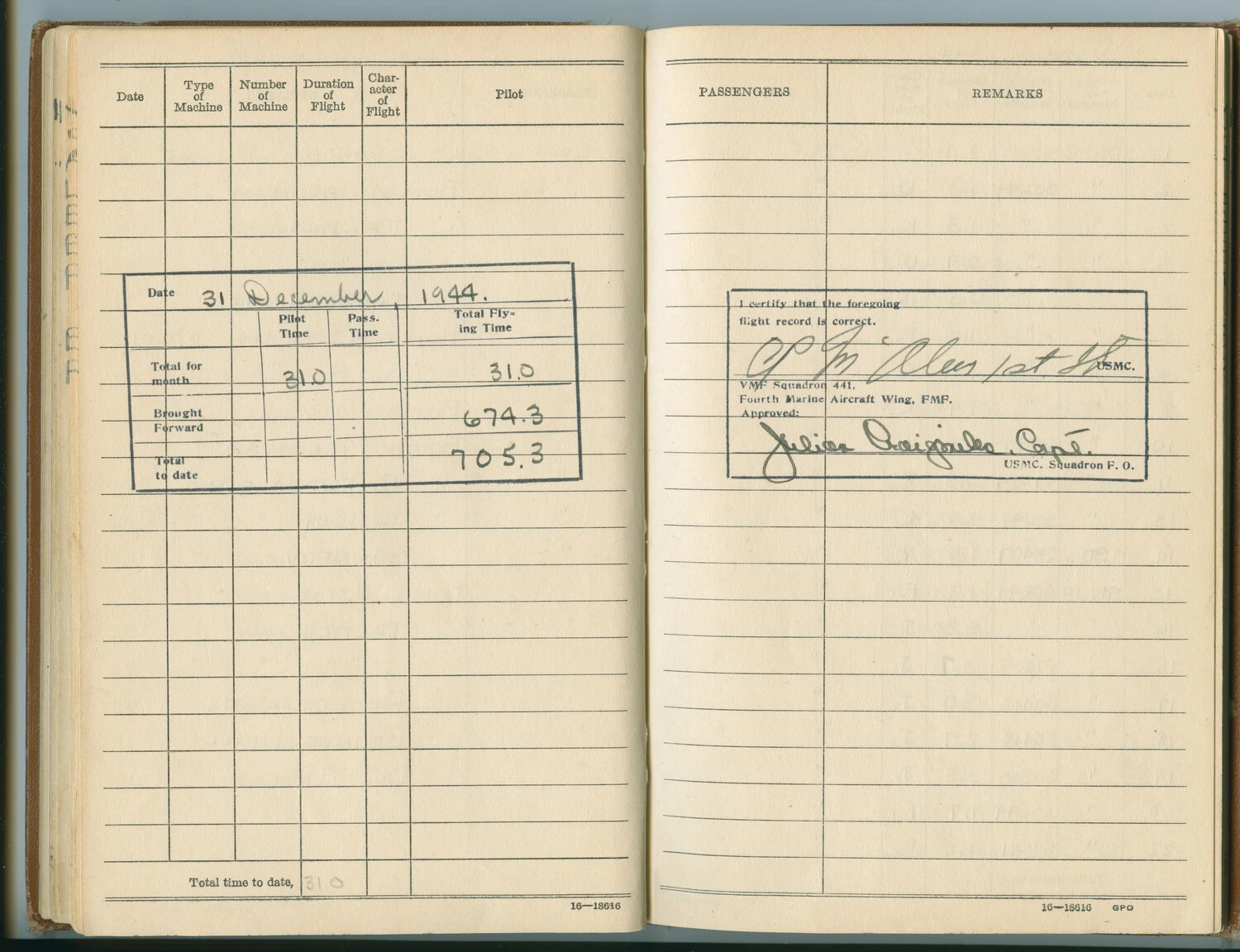 Pat McAleer USMC Flight Log Book — December 1944 Monthly Summary, VMF Squadron 441