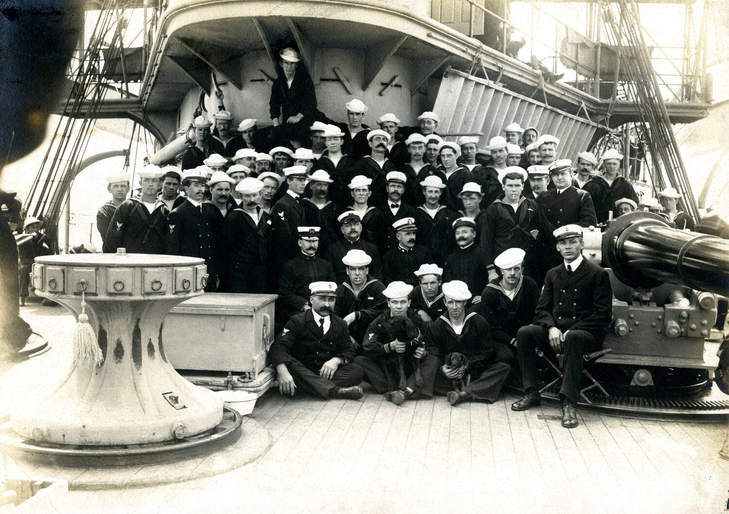 Ship's Company Group Portrait on Deck, Capstan and Secondary Battery Gun, USS Columbia (C-12) Album, c. 1898-1910