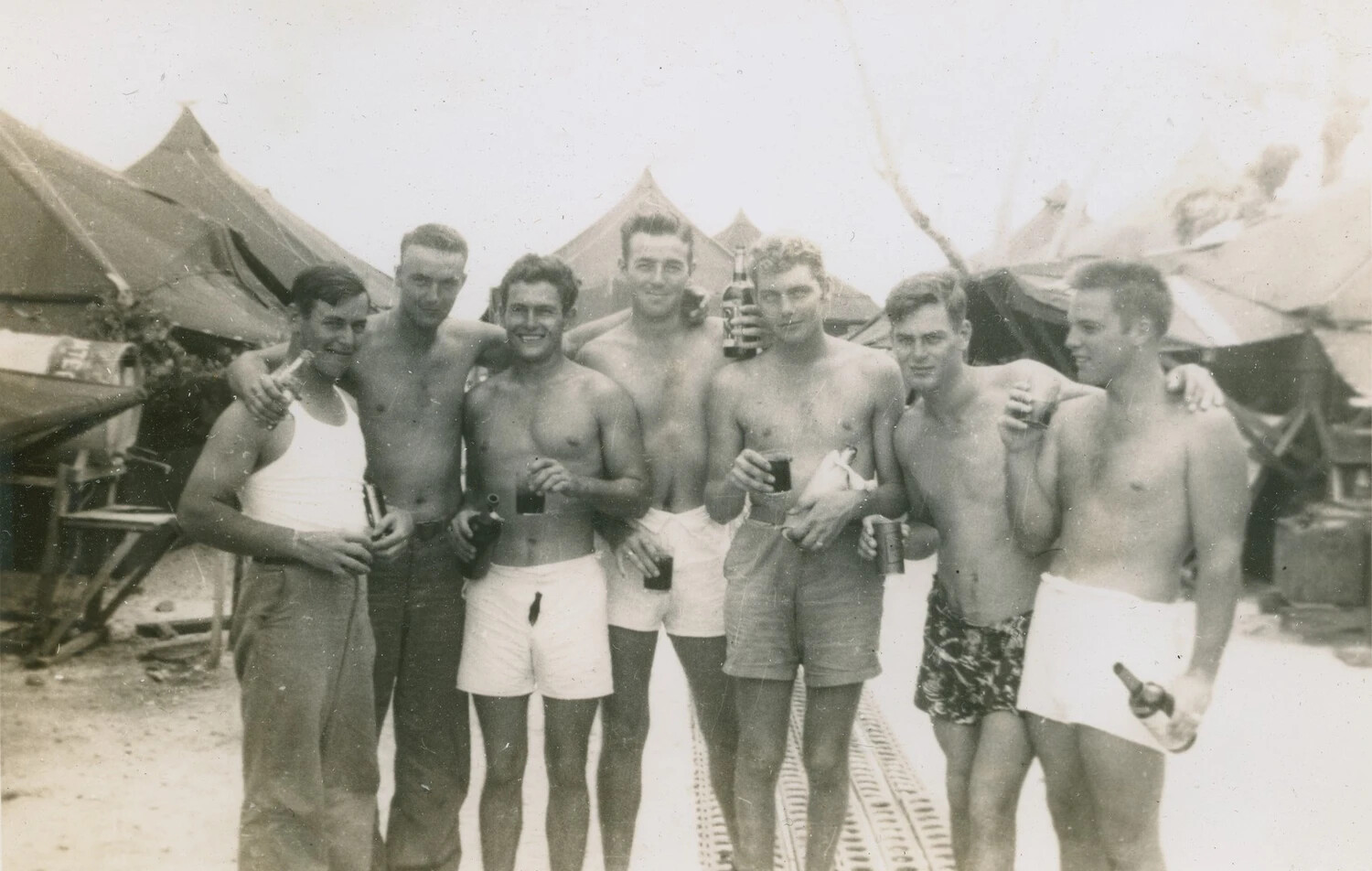 Group Portrait of Servicemen at Rest, Pacific Theater Tent Camp, World War II