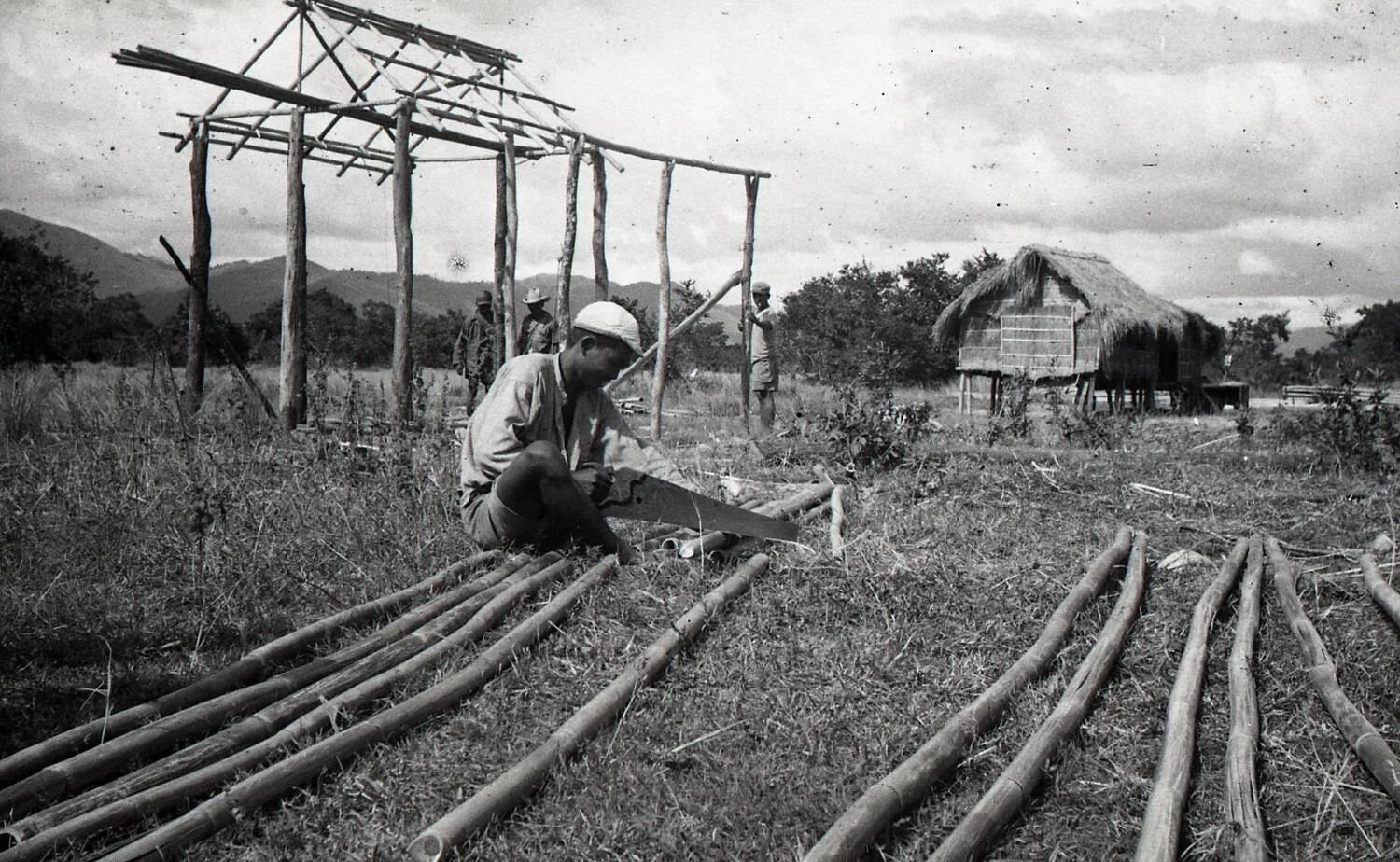 Bamboo Frame Construction Scene, Rural Luzon, Philippines, WWII Era