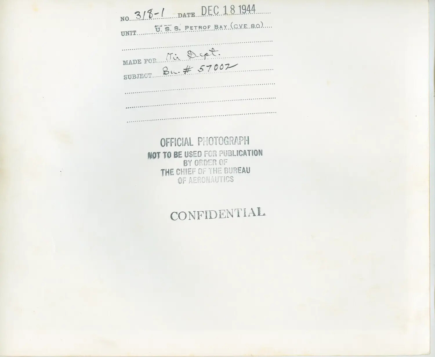 Verso of Official U.S. Navy Bureau of Aeronautics Photograph, USS Petrof Bay (CVE-80), December 18, 1944
