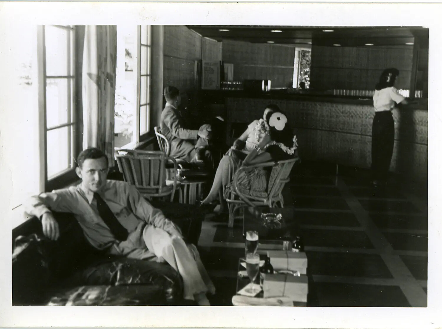 Hotel Lounge Interior with Guests, Likely Waikiki, Hawaii, 1940s