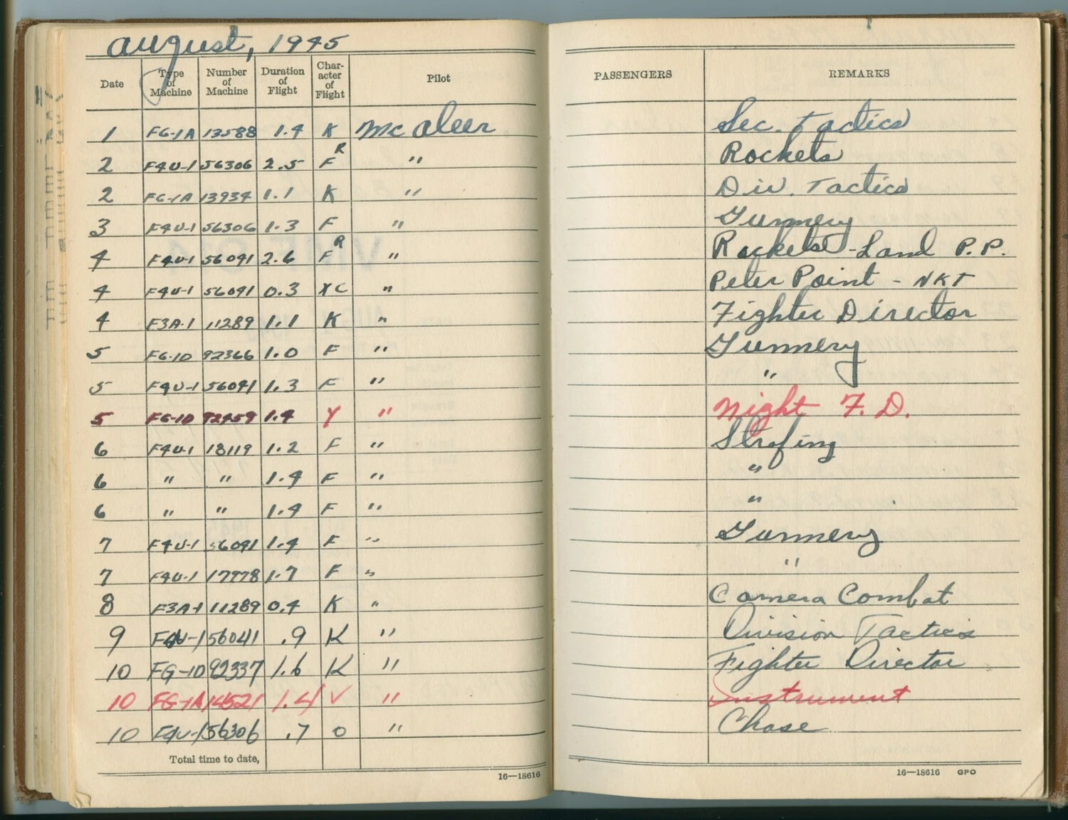 Pilot Flight Logbook, McAleer, August 1945 — Corsair and Hellcat Fighter Squadron Flight Record
