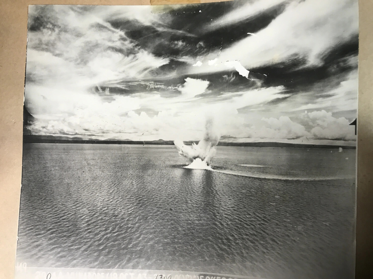 Bomb Splash in Coastal Waters with Original Caption Strip, Southwest Pacific Theater
