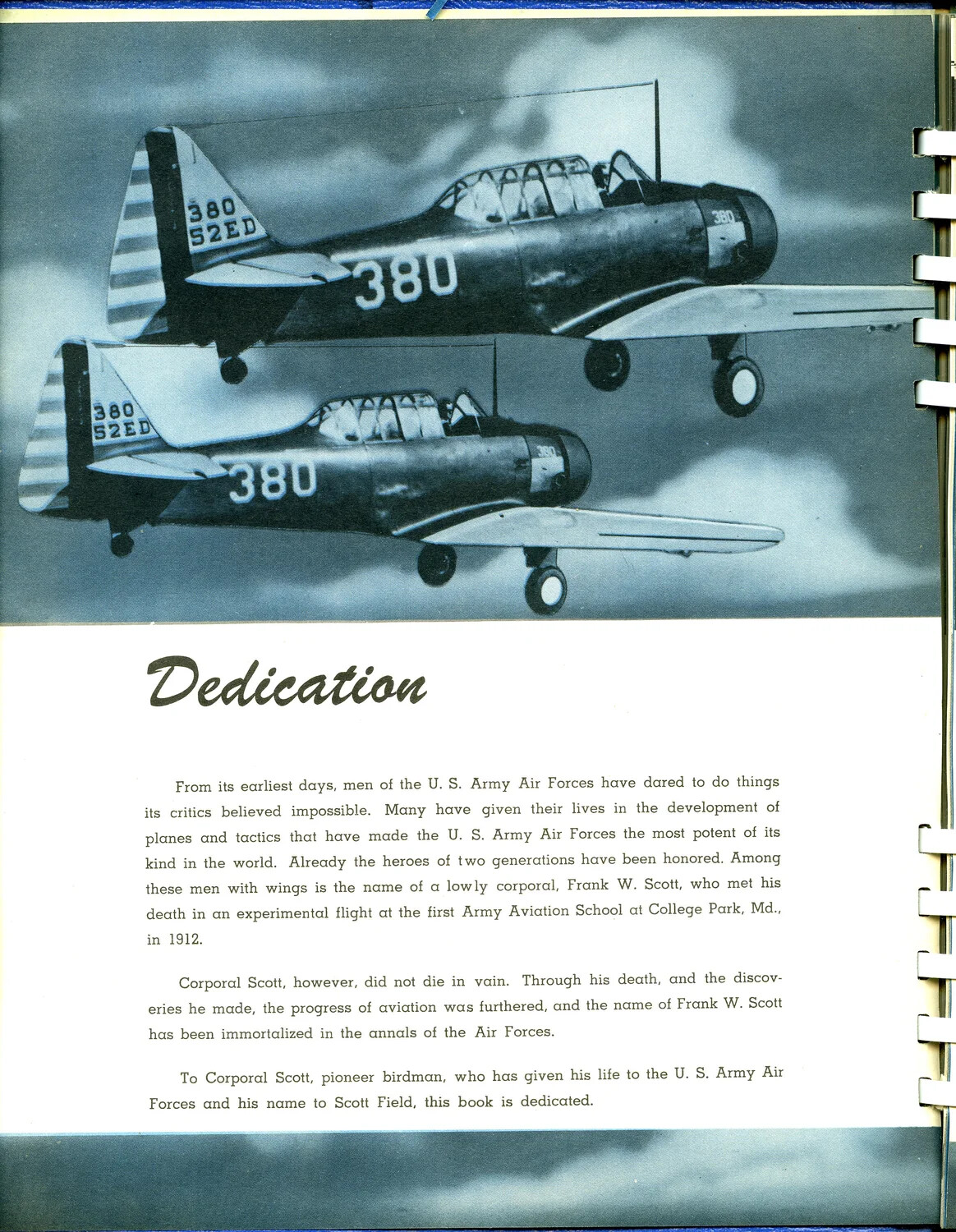"Dedication" Page Honoring Corporal Frank W. Scott, Scott Field Training Book, with AT-6 Texan Trainer Photograph