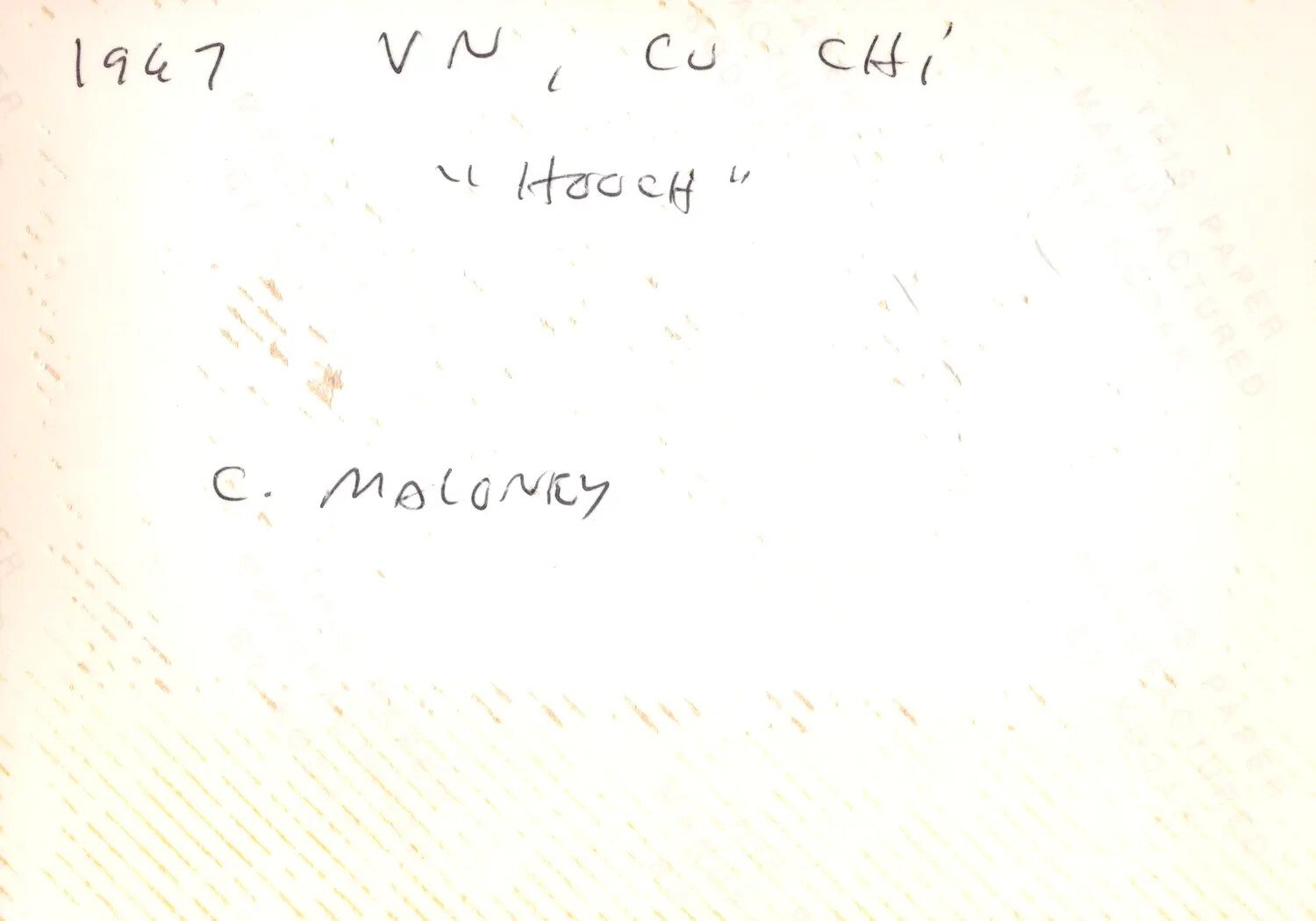 Verso Caption: '1967 VN, Cu Chi - Hooch' - C. Maloney, Vietnam War Photo Album