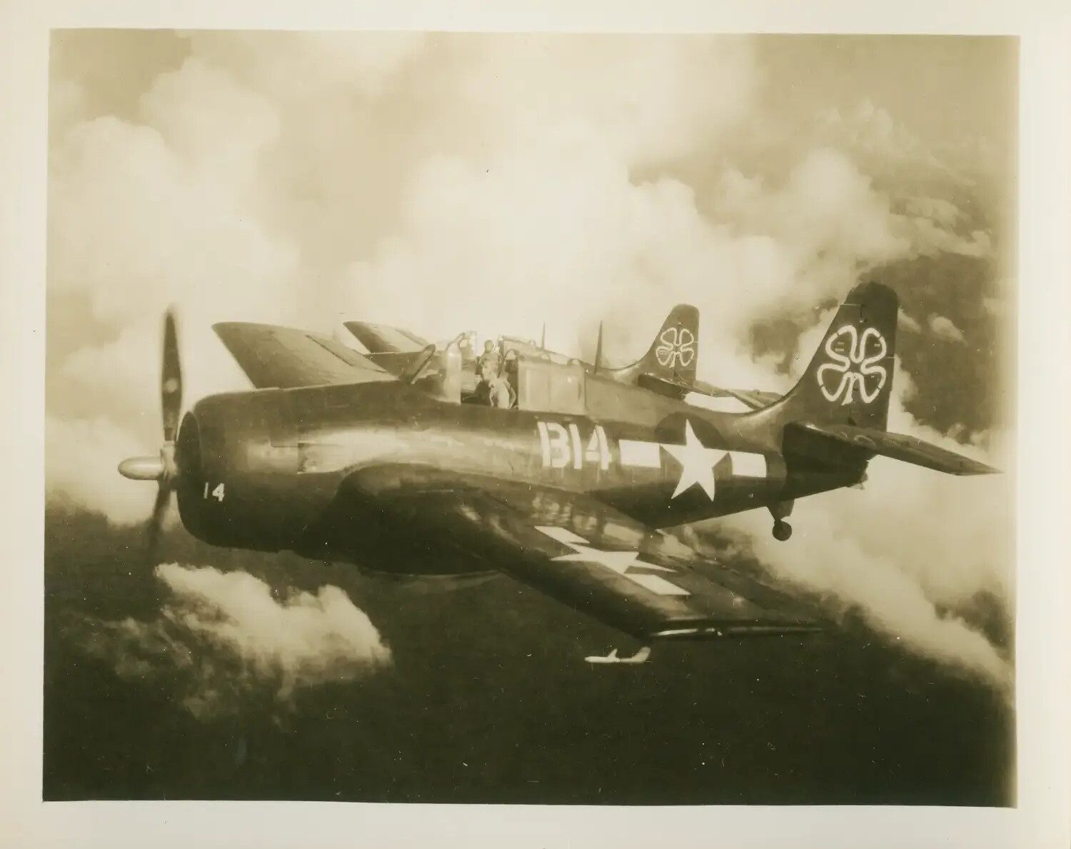 U.S. Navy FM-2 Wildcat Fighter 'B14' with Four-Leaf Clover Tail Marking, USS Petrof Bay (CVE-80) Air Group, WWII
