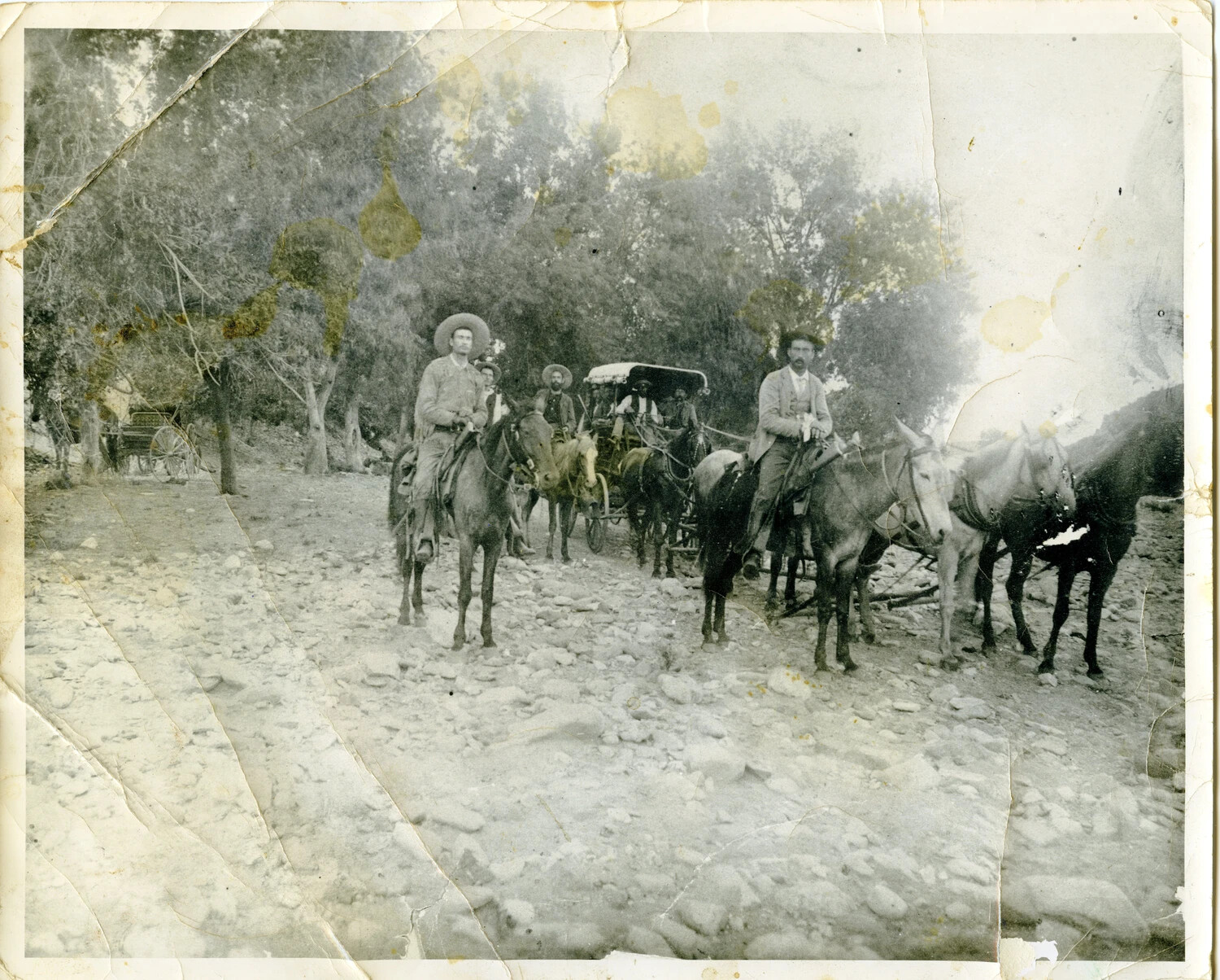 Mounted Men and Wagon in Dry Riverbed, Early 20th Century, Wagener Collection