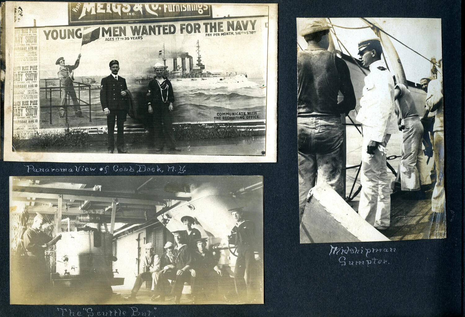 USS Columbia Album Page: Cobb Dock Recruiting Photo, 'The Scuttle But,' and Midshipman Sumpter