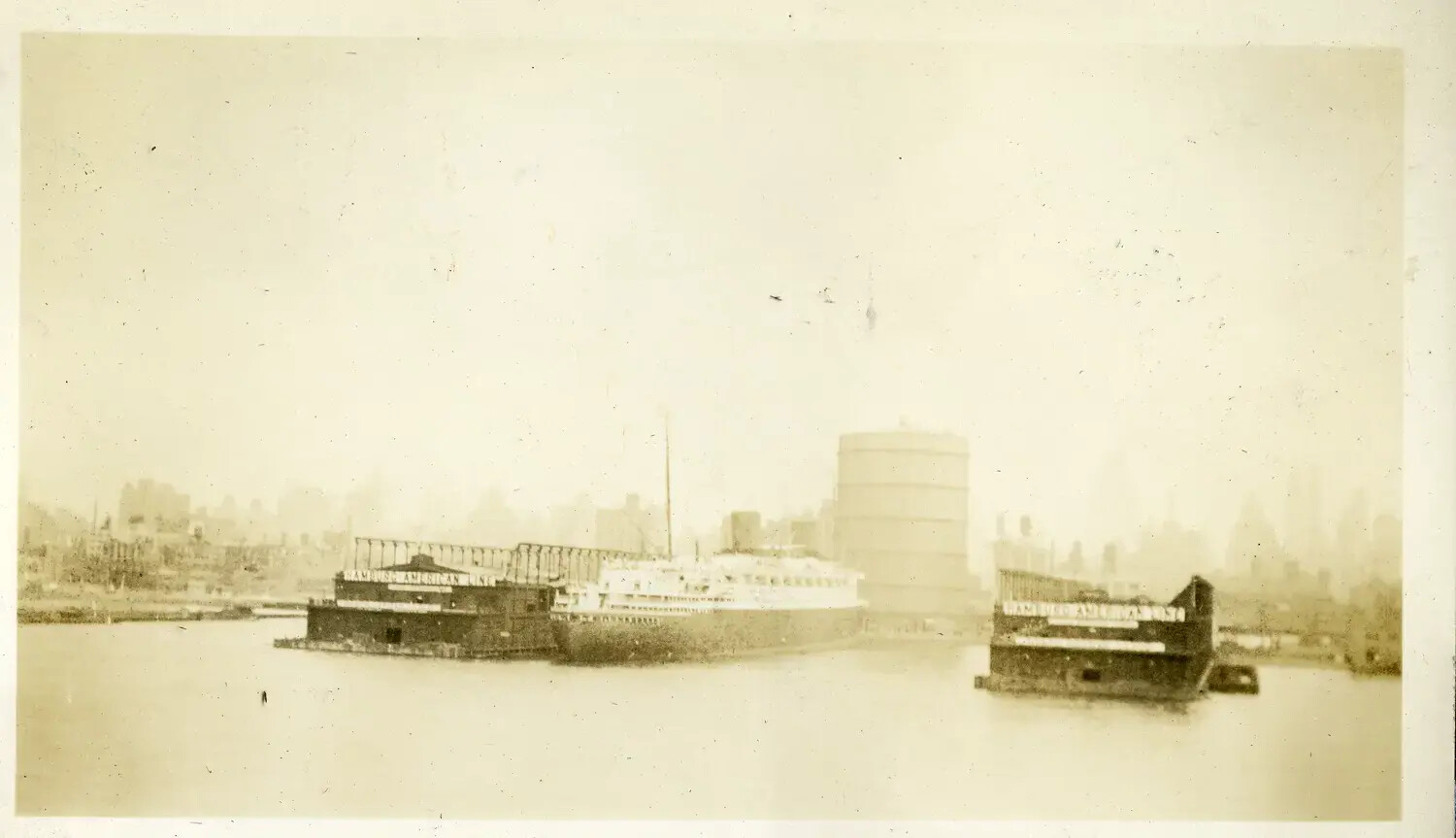 Hamburg-American Line Piers and Ocean Liner, New York Harbor