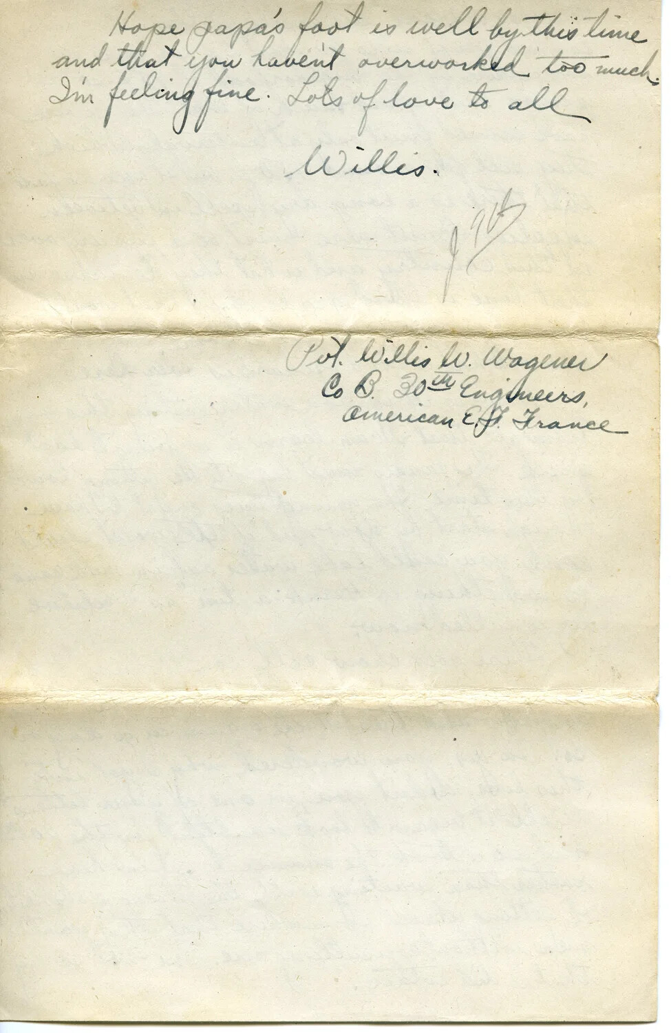 Closing Page of WWI Letter from Pvt. Willis W. Wagener, Co. B, 30th Engineers, A.E.F. France
