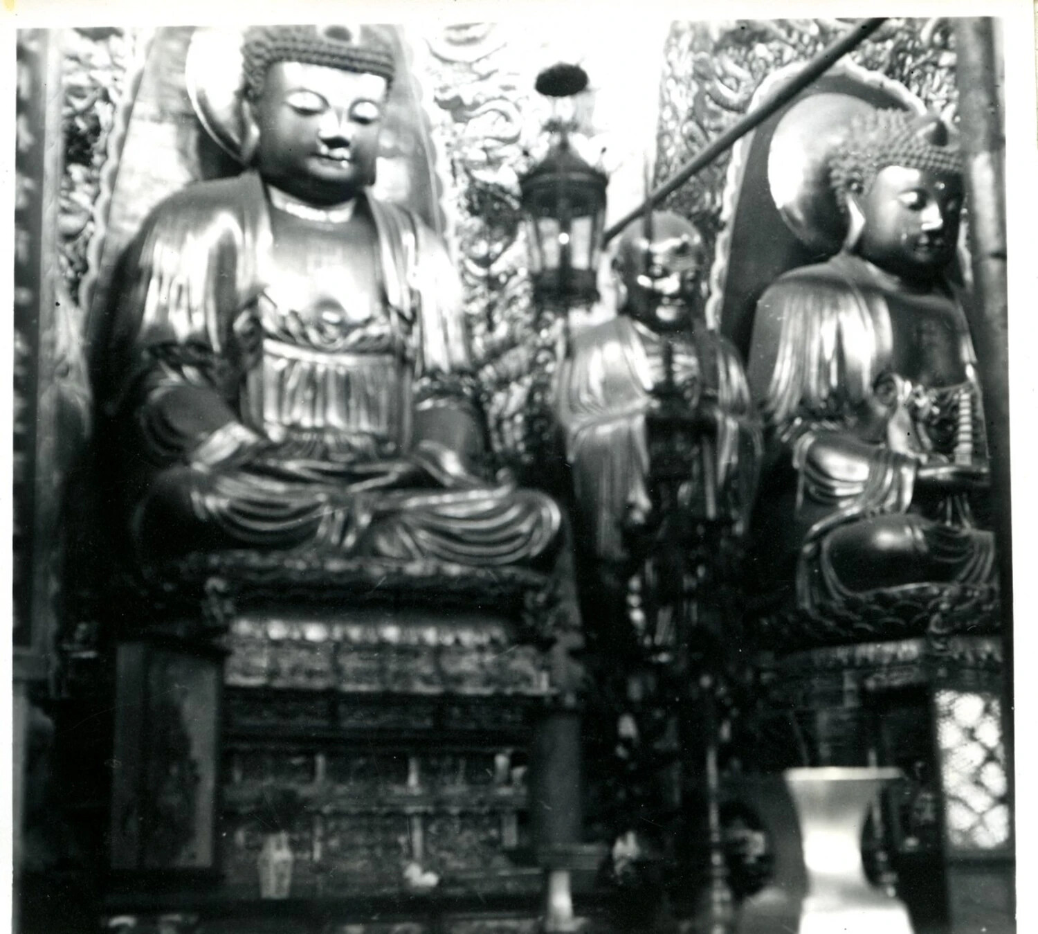 Gilded Buddha Statues in Temple Altar Hall, China-Burma-India Theater, WWII Era