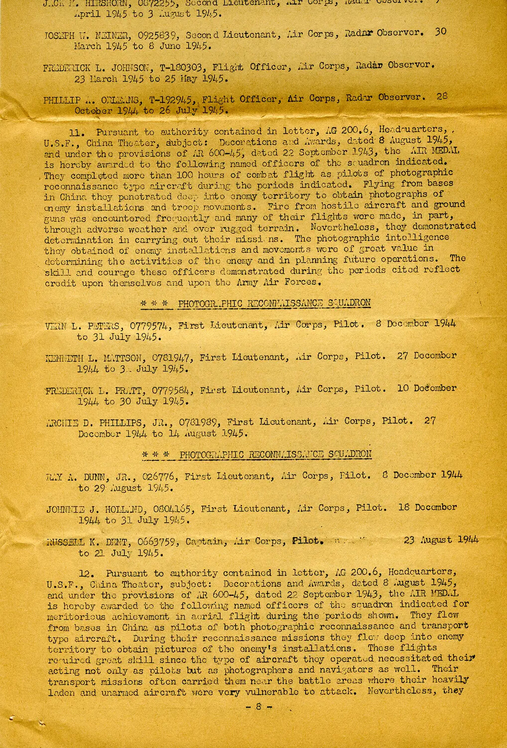 Air Medal Citation Roster, Photographic Reconnaissance Squadrons, China Theater, U.S. Army Air Forces, 1945