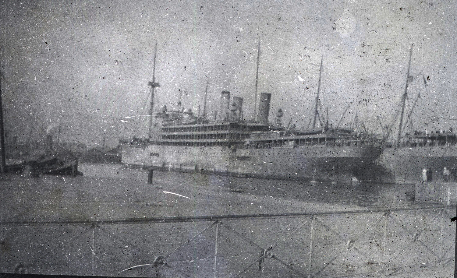 Three-Funnel Ocean Liner/Troopship Moored at a French Harbor, WWI Glass Negative