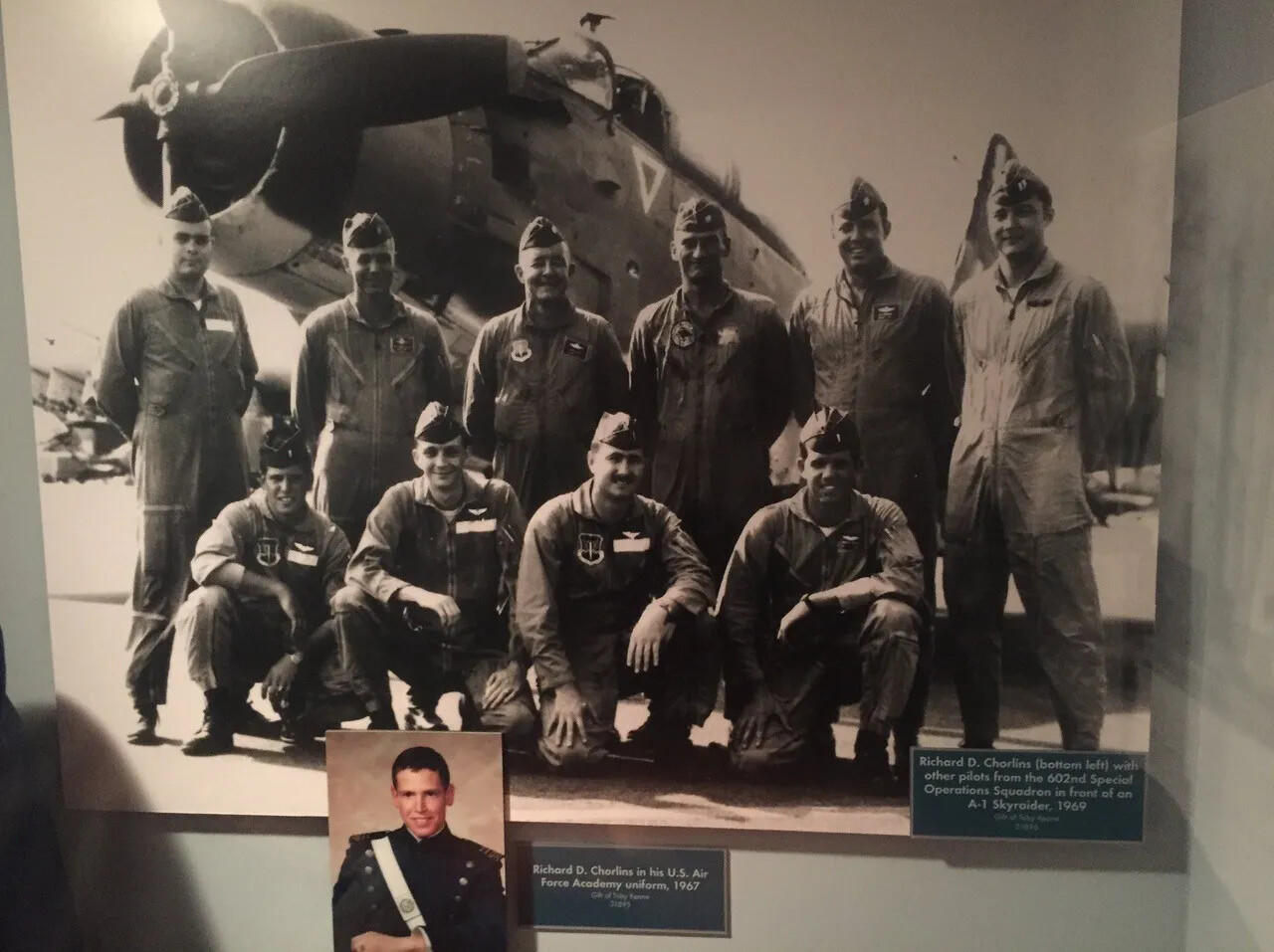 Museum Display: Richard D. Chorlins with 602nd Special Operations Squadron A-1 Skyraider Pilots, 1969, and USAFA Cadet Portrait, 1967