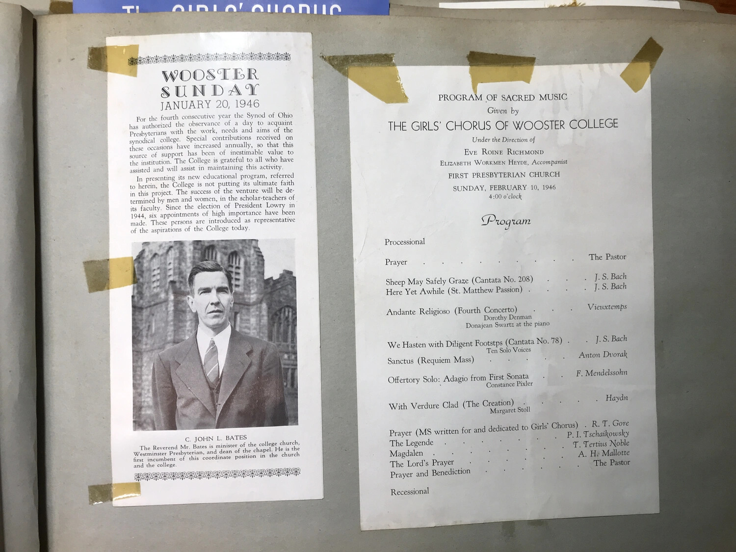 Scrapbook Page: 'Wooster Sunday' Bulletin and Girls' Chorus Sacred Music Program, 1946