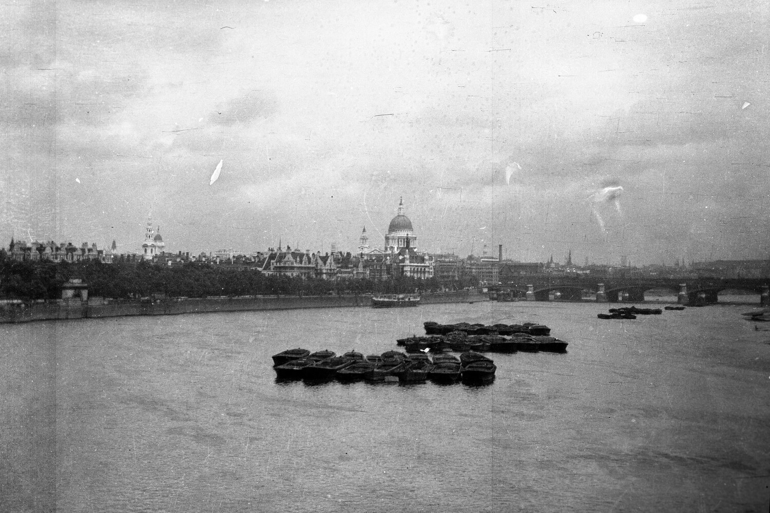 View of the River Thames and St Paul's Cathedral from a Bridge, London, England, WWI Era