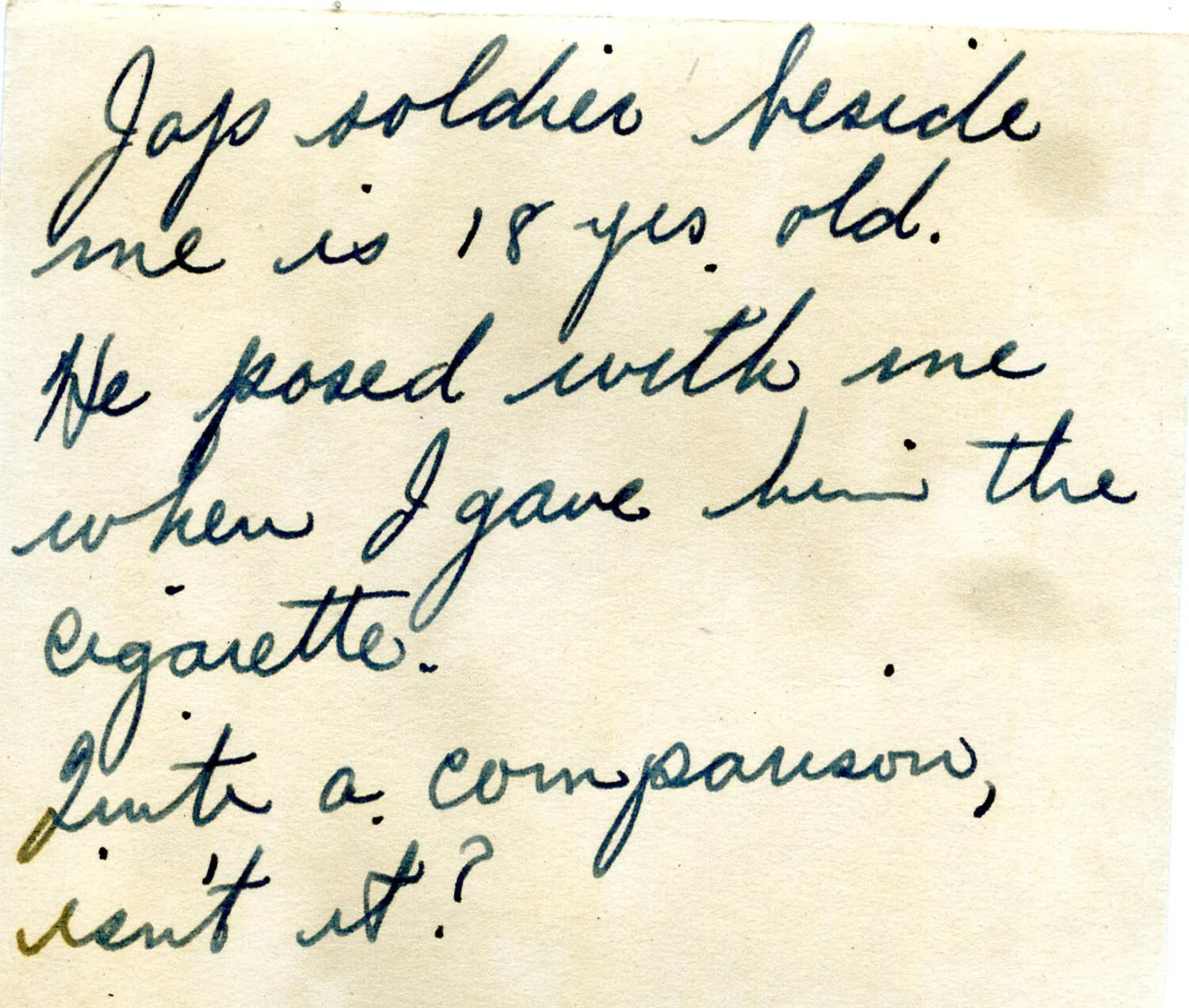 Handwritten Album Caption Describing a Posed Photograph with a Japanese Soldier