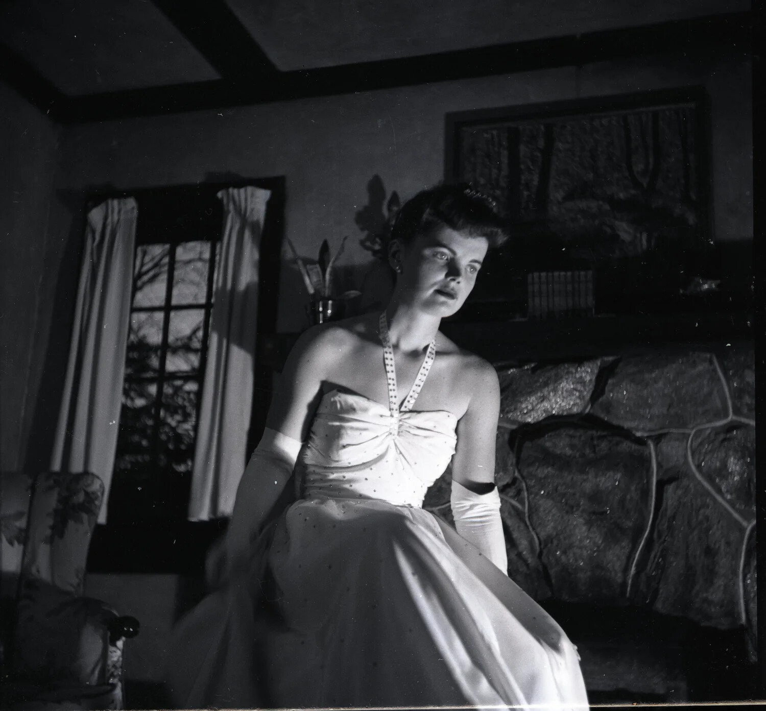 Portrait of a Young Woman in Formal Evening Gown, Domestic Interior