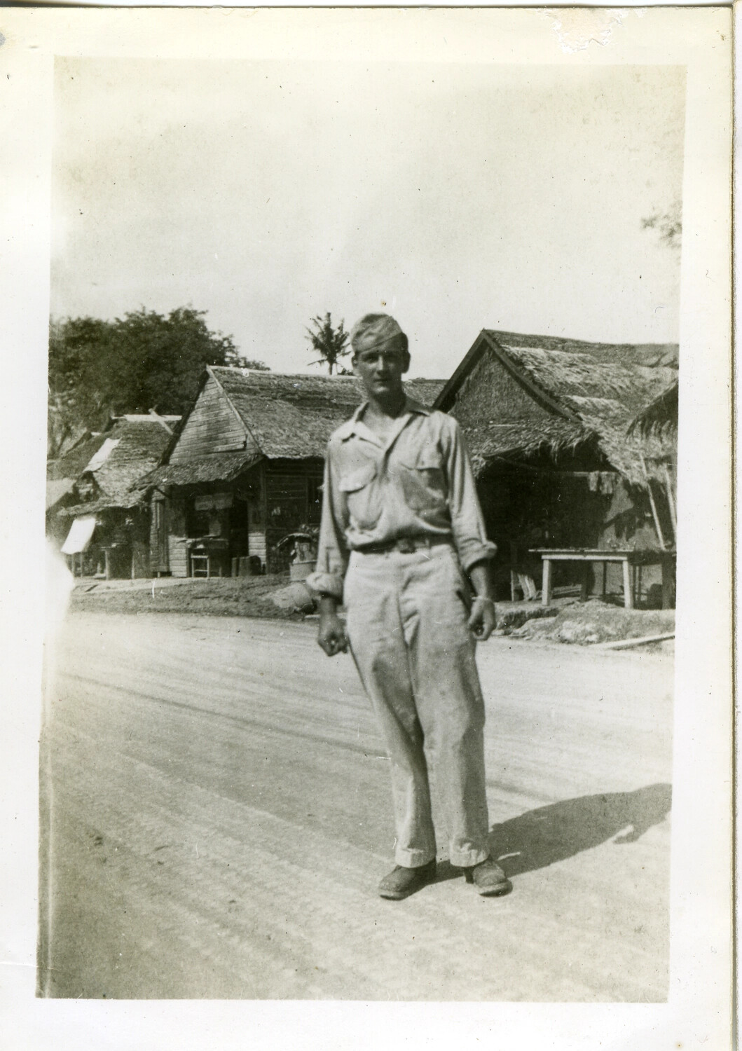 American Serviceman Posing on Village Road, Okinawa Area, WWII Pacific Theater