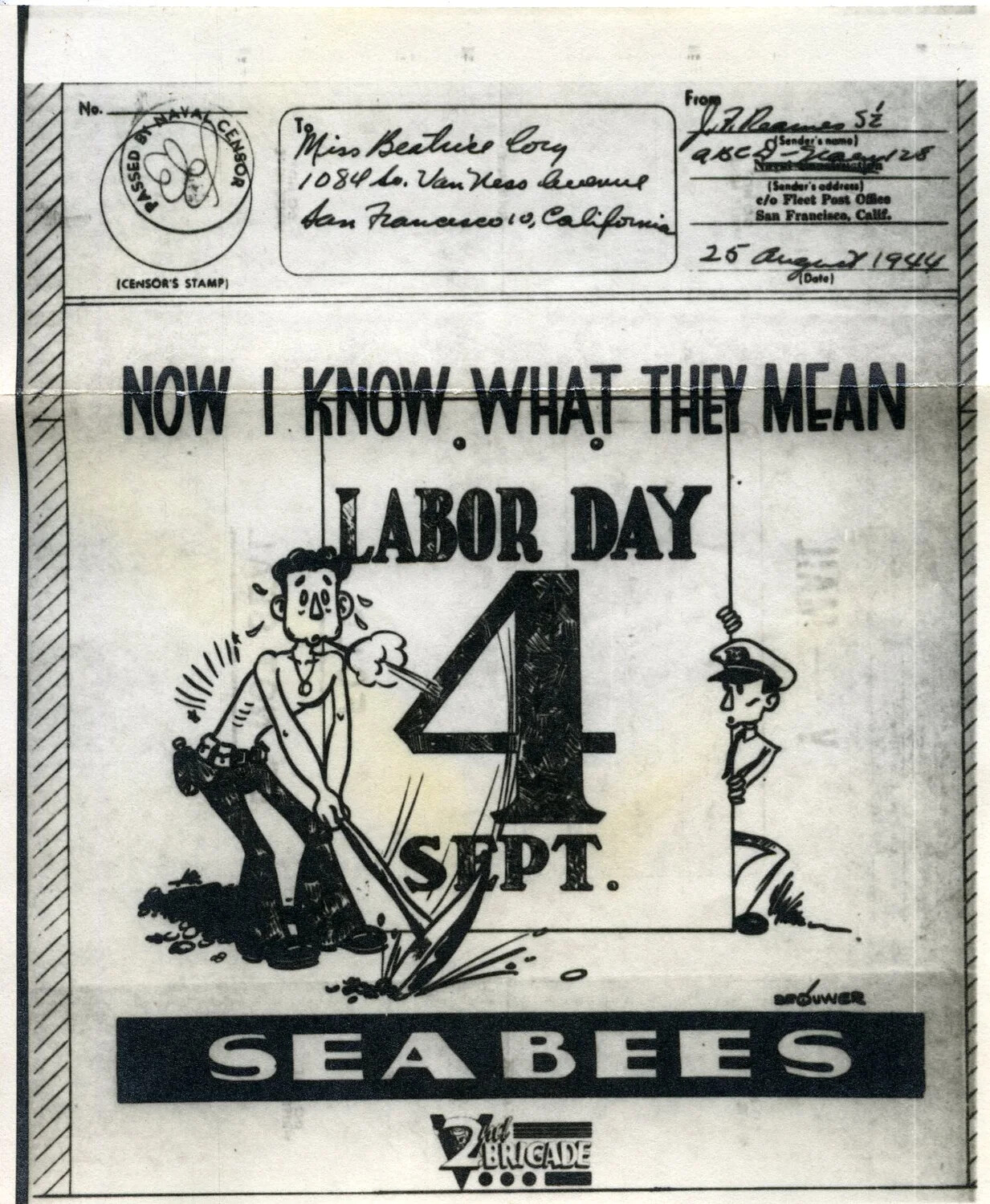 WWII Seabee V-Mail Cartoon, 'Now I Know What They Mean... Labor Day' -- 25 August 1944
