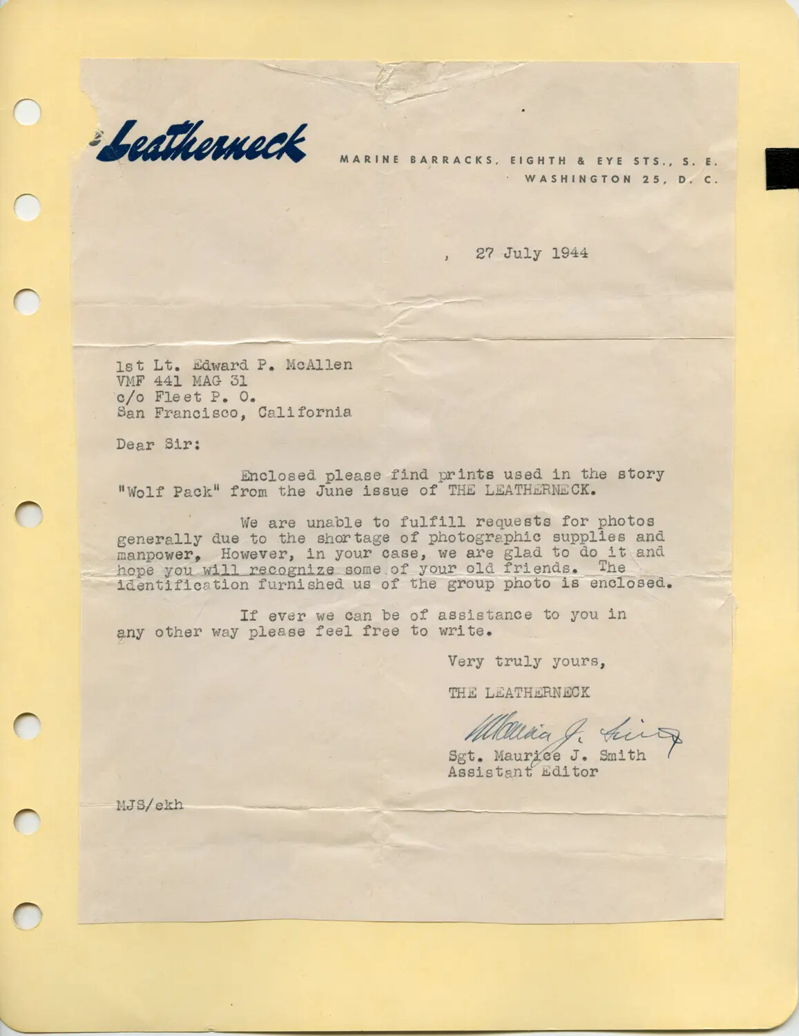 Letter from The Leatherneck Magazine to 1st Lt. Edward P. McAleer, VMF-441, 27 July 1944
