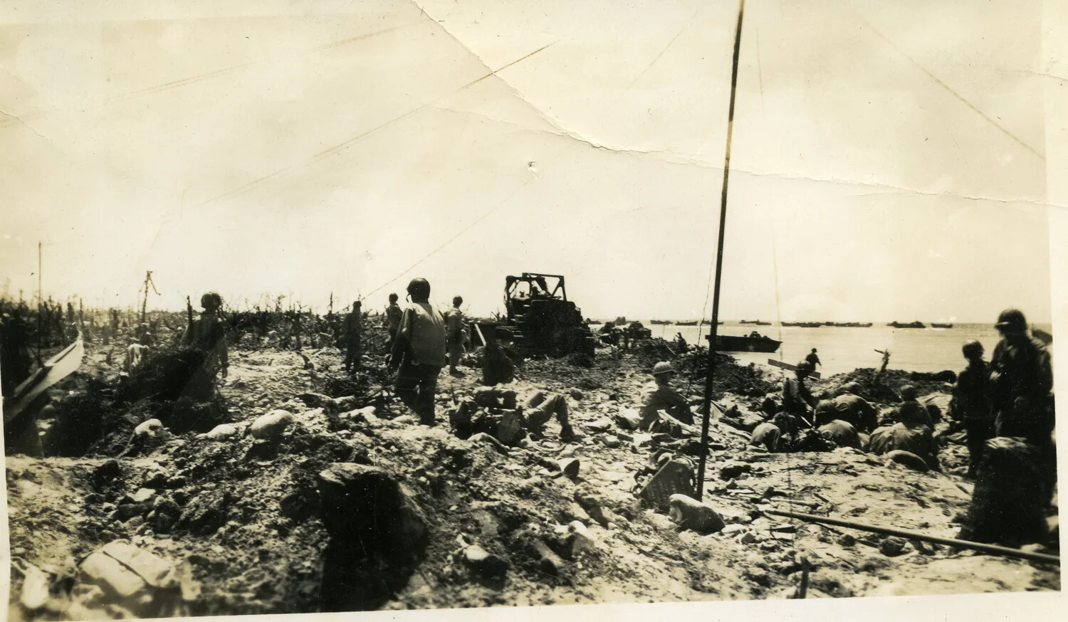 American Troops and Bulldozer on Devastated Kwajalein Beachhead, WWII