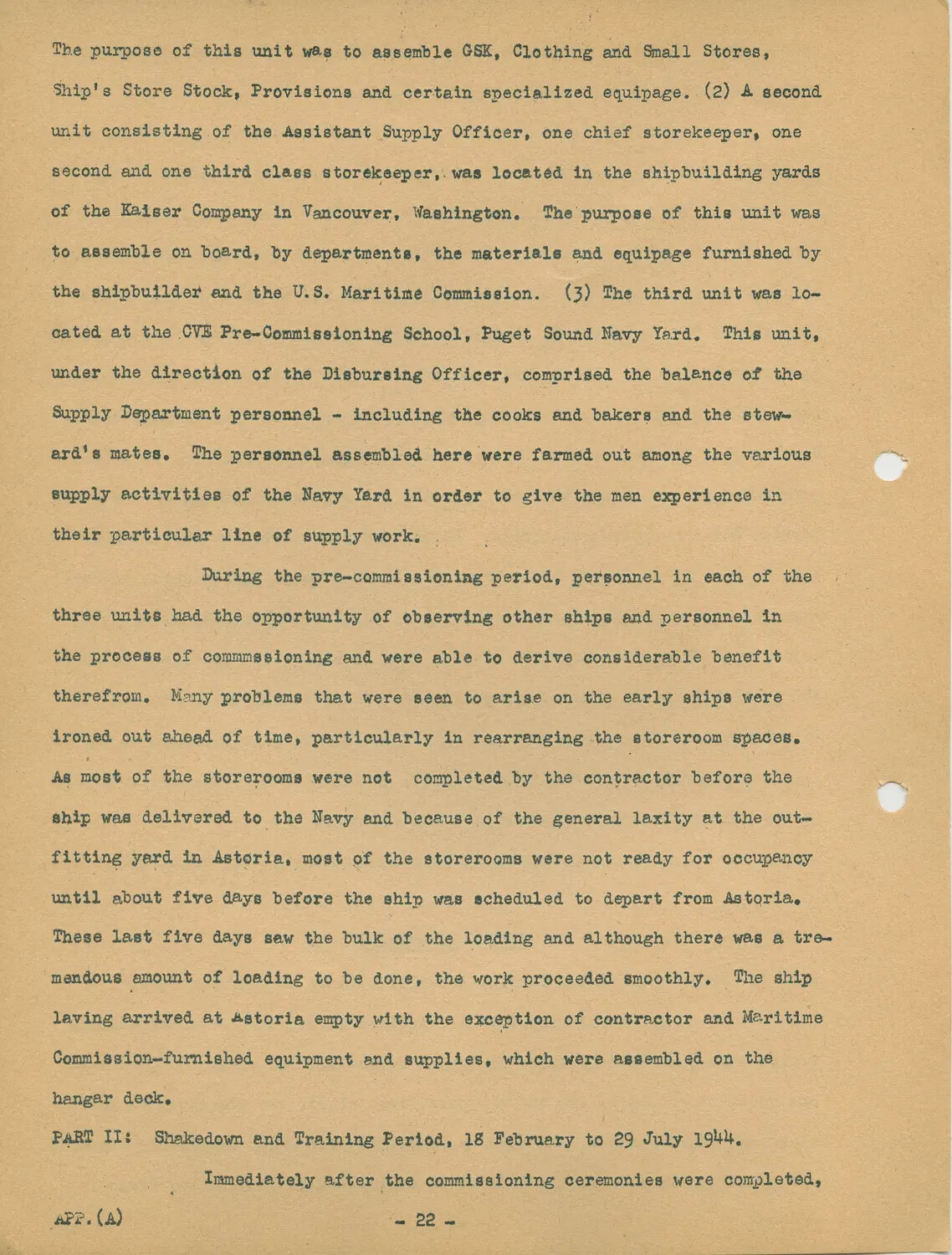 Typed History Page 22, USS Petrof Bay (CVE-80) Supply Department Organization and Pre-Commissioning Narrative, 1944