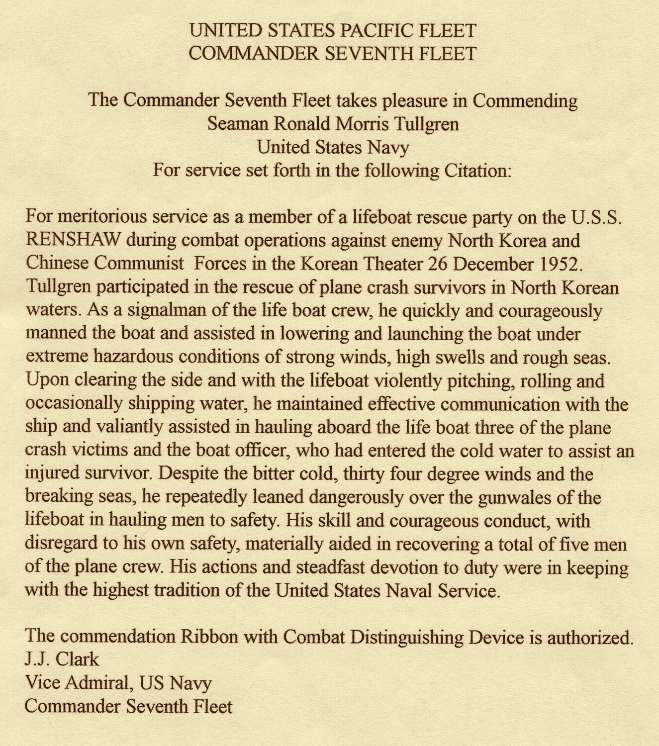 Navy Commendation Citation for Seaman Ronald Morris Tullgren, USS Renshaw Rescue Operation, 26 December 1952