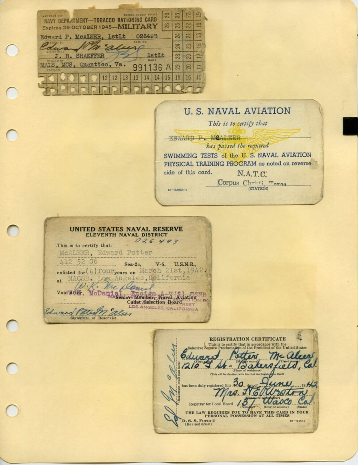 Wartime Identification Documents of Edward Potter McAleer - Naval Reserve Enlistment, Naval Aviation Certification, Selective Service Registration, and Tobacco Ration Card