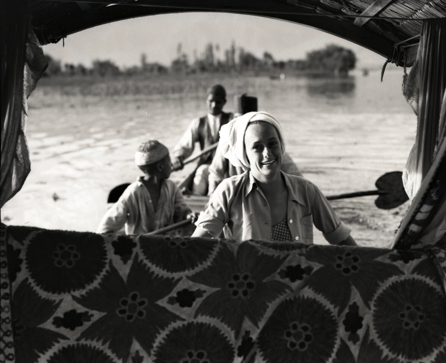 Woman and Boatmen on a Kashmiri Houseboat/Shikara, Framed Through Canopy Opening (Kotec Collection, "People Kashmir")