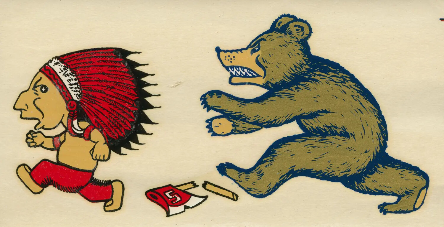 Novelty Water-Slide Decal -- Native American Chief and Bear Design with Numbered Pennant ("5")