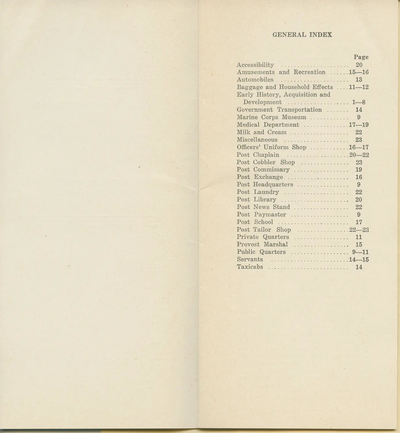 Marine Corps Post Guidebook, General Index Page (McAleer Collection)