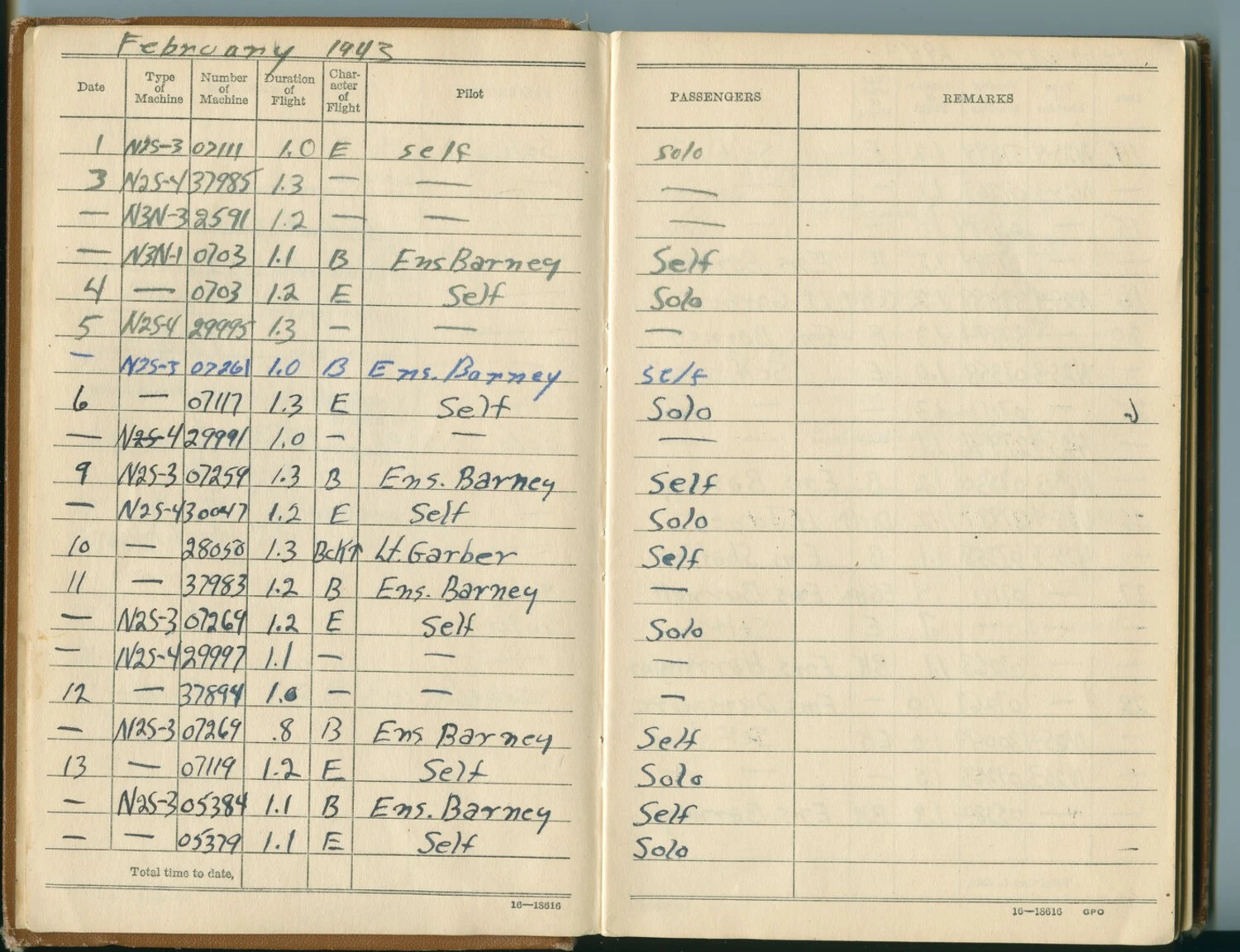 Naval Aviation Cadet Flight Log Pages, February 1943 -- Primary Training in N2S/N3N Aircraft (McAleer Log Book)